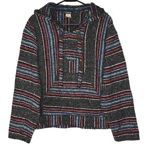 Earthbound Men Sweatshirt Small Black Stripe Baja Blanket Hooded Pullover Hippie